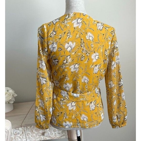 Banana Republic Sz PS SP Yellow Floral Print Chiffon Belted Wrap Top Blouse Dot - Picture 11 of 13